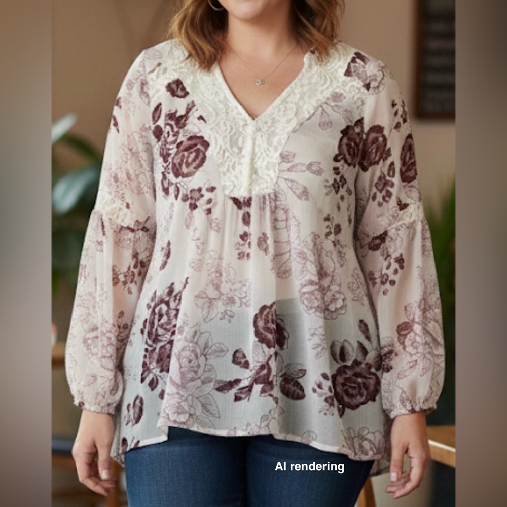 TORRID White & Deep Red Floral Print Chiffon Lace Inset Top | 0 Large NWT